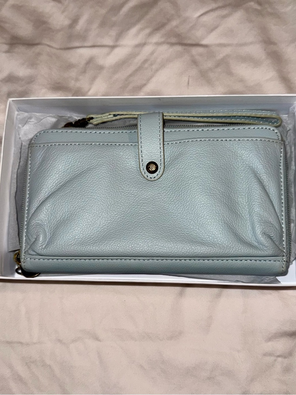 The Sak Collective Iris Leather Zip Around Wristlet Wallet Ice Blue Gray